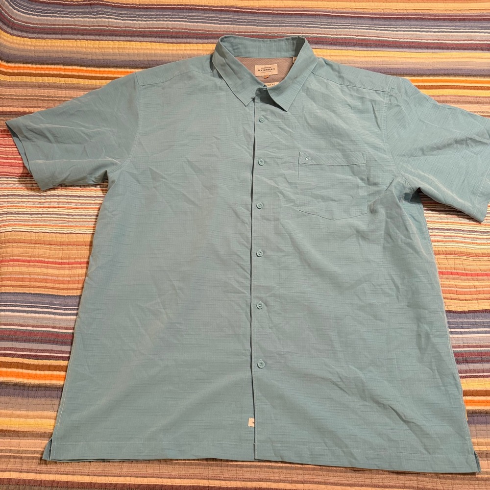 Quiksilver Waterman Mens‎ Aqua Blue Textured Short Sleeve Button Up Shirt XXL
